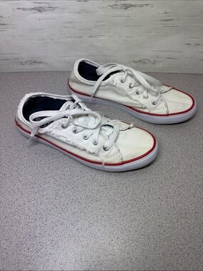 Women’s White Canvas Sneakers with Red Trim